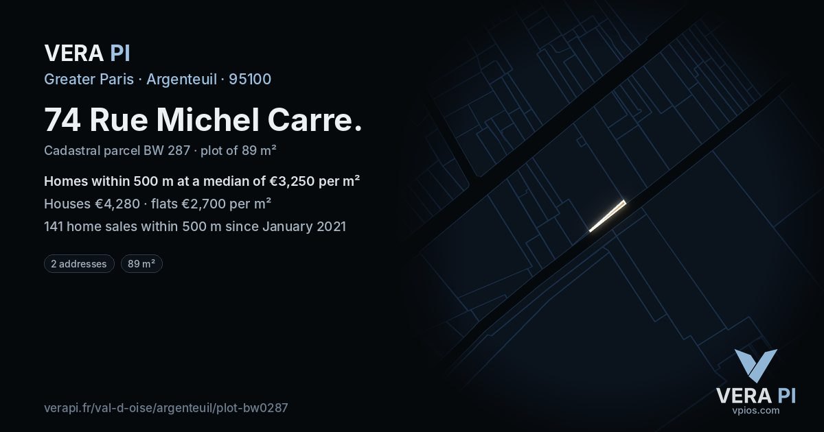 74 Rue Michel Carre, Argenteuil at night – the plot lit, the parcels around coloured by the prices near them