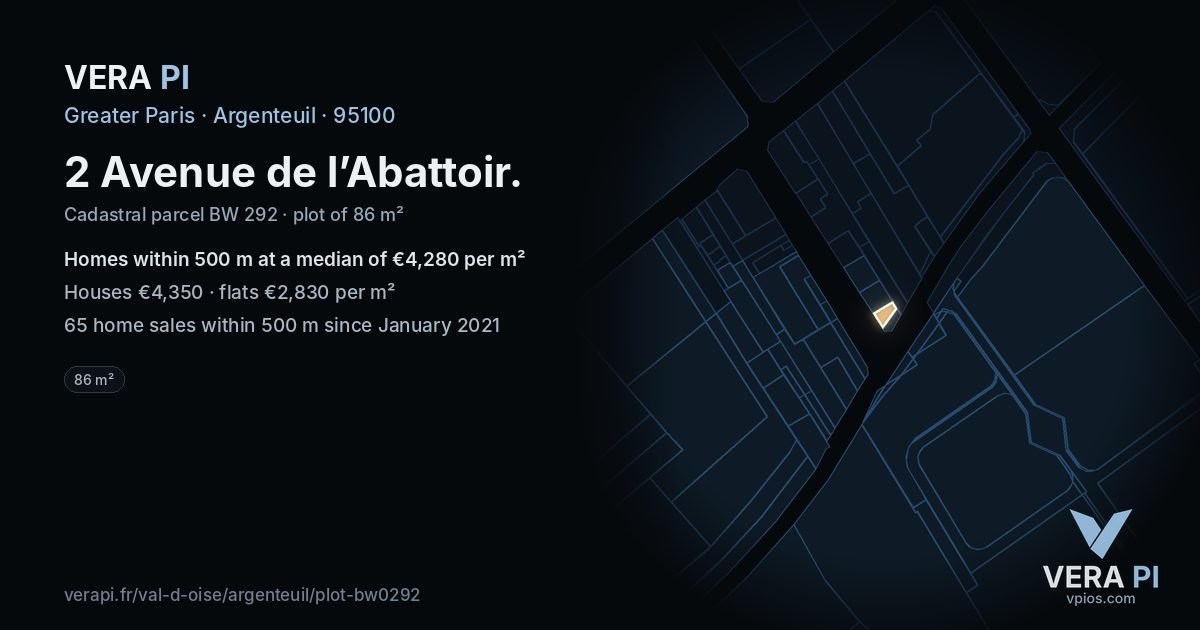 2 Avenue de l’Abattoir, Argenteuil at night – the plot lit, the parcels around coloured by the prices near them