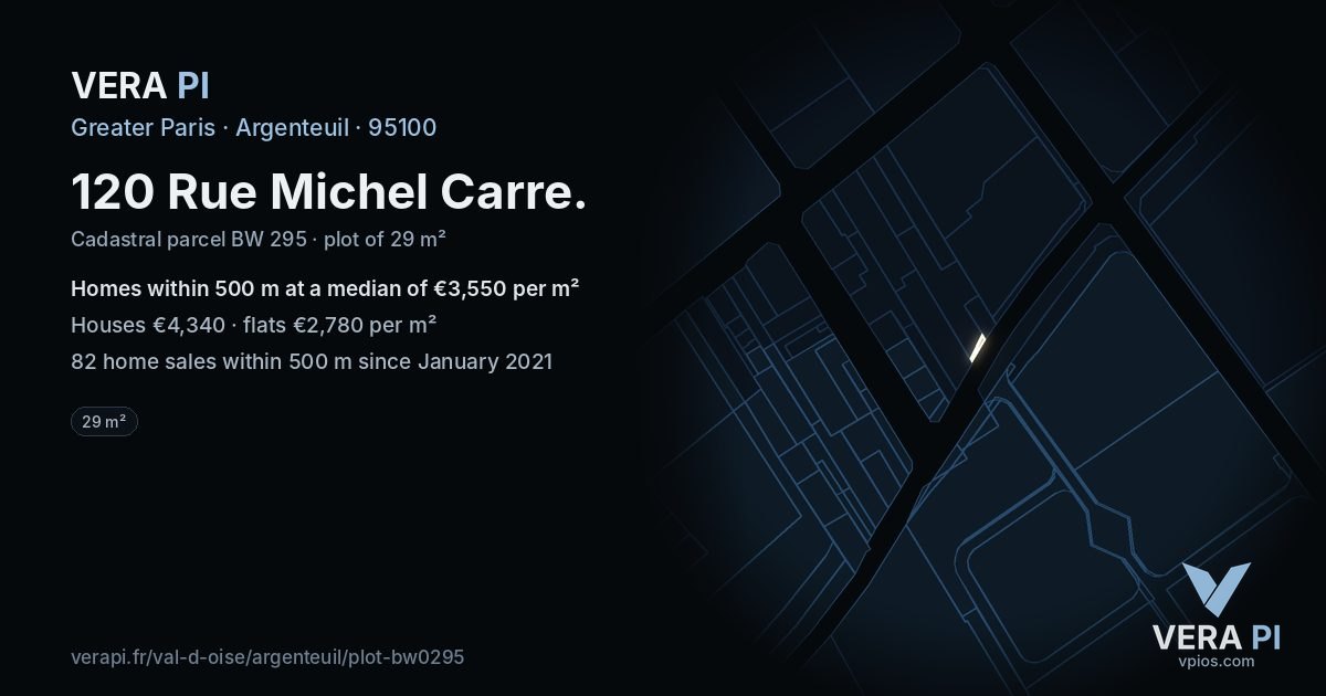 120 Rue Michel Carre, Argenteuil at night – the plot lit, the parcels around coloured by the prices near them