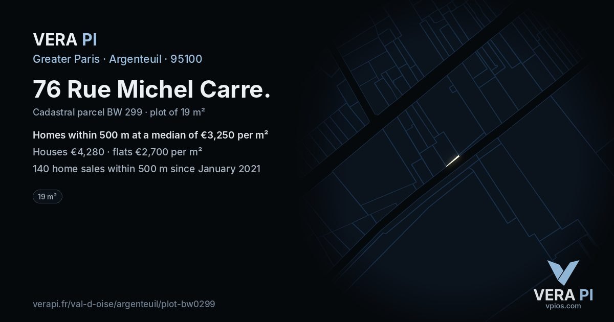 76 Rue Michel Carre, Argenteuil at night – the plot lit, the parcels around coloured by the prices near them