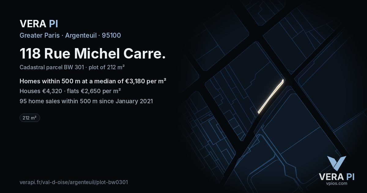 118 Rue Michel Carre, Argenteuil at night – the plot lit, the parcels around coloured by the prices near them