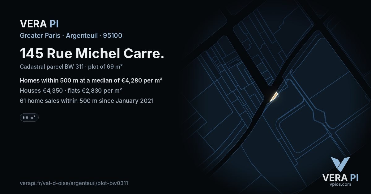 145 Rue Michel Carre, Argenteuil at night – the plot lit, the parcels around coloured by the prices near them