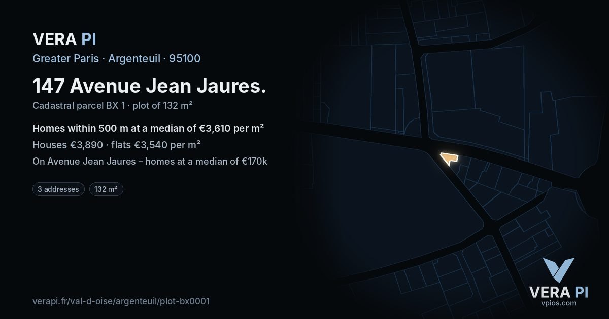 147 Avenue Jean Jaures, Argenteuil at night – the plot lit, the parcels around coloured by the prices near them