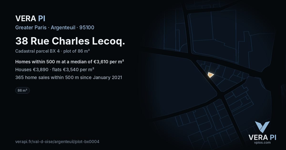 38 Rue Charles Lecoq, Argenteuil at night – the plot lit, the parcels around coloured by the prices near them