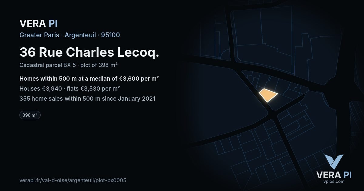 36 Rue Charles Lecoq, Argenteuil at night – the plot lit, the parcels around coloured by the prices near them