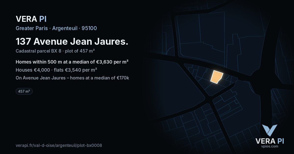 137 Avenue Jean Jaures, Argenteuil at night – the plot lit, the parcels around coloured by the prices near them