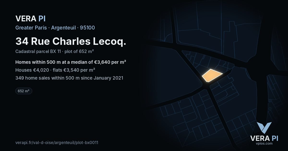 34 Rue Charles Lecoq, Argenteuil at night – the plot lit, the parcels around coloured by the prices near them