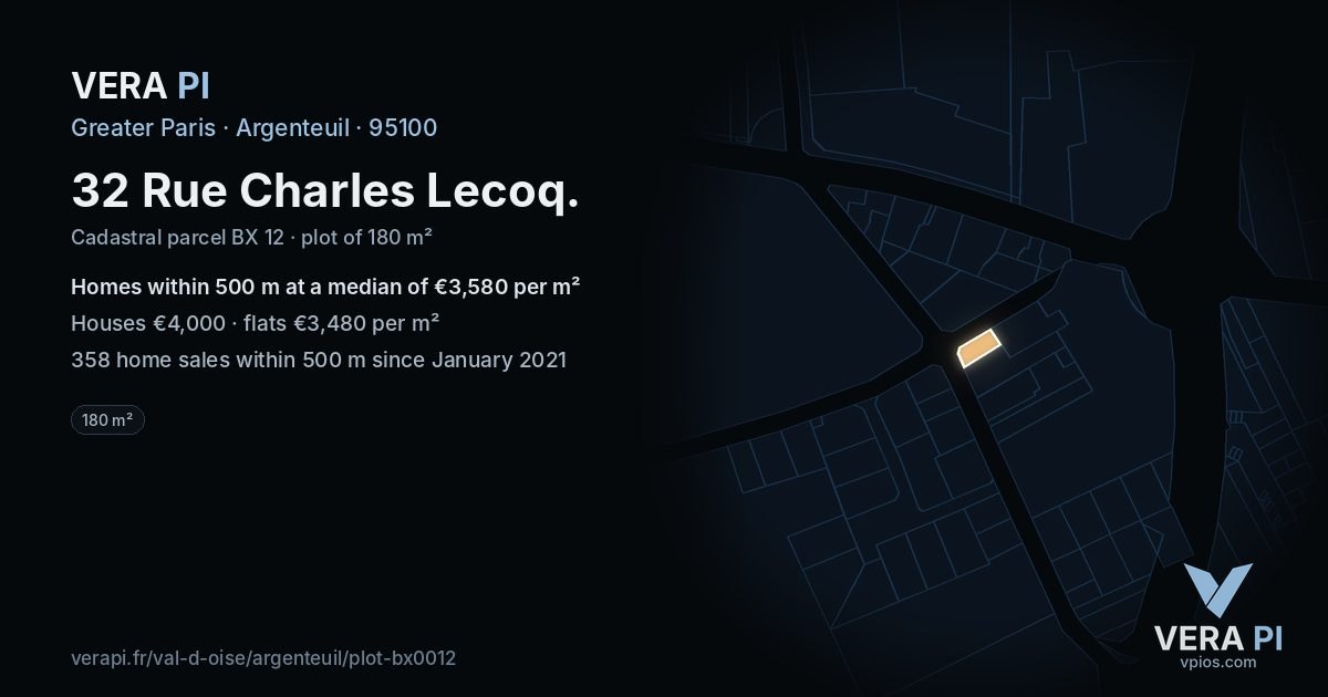 32 Rue Charles Lecoq, Argenteuil at night – the plot lit, the parcels around coloured by the prices near them