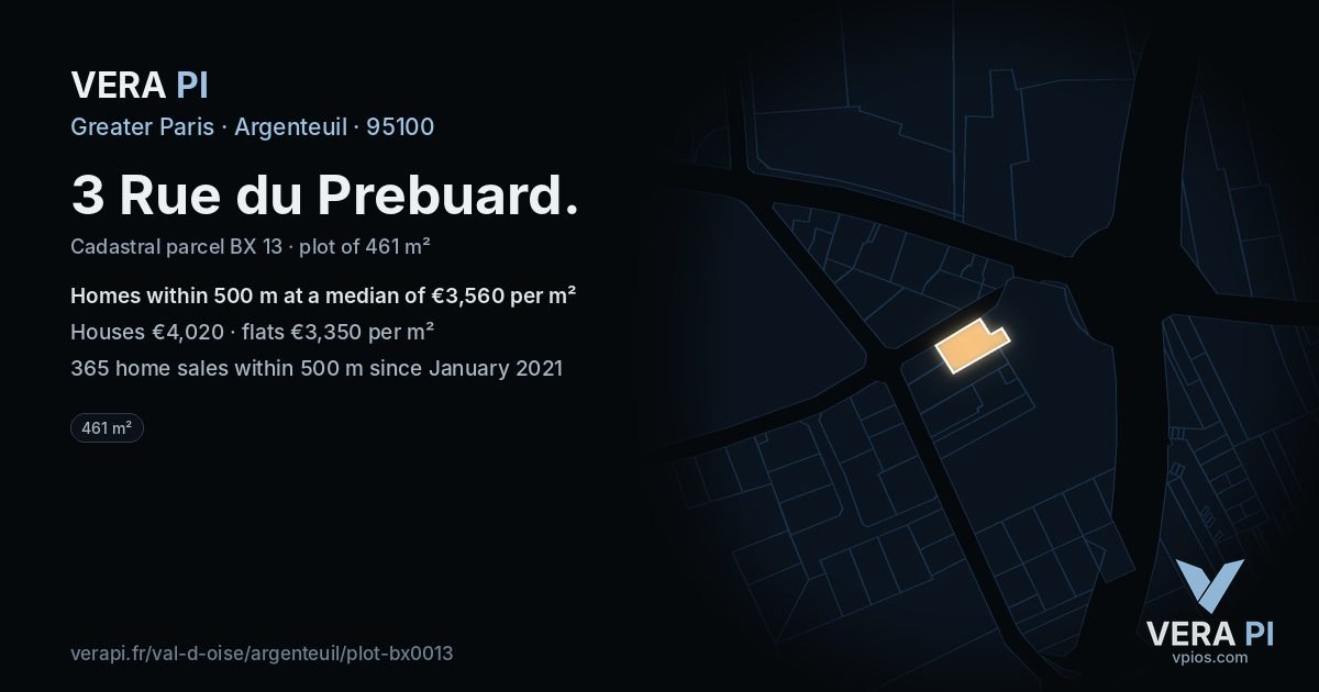 3 Rue du Prebuard, Argenteuil at night – the plot lit, the parcels around coloured by the prices near them
