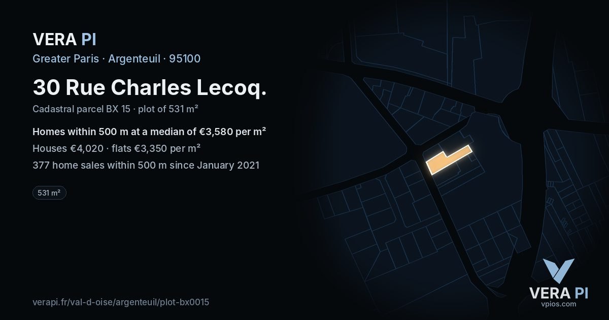 30 Rue Charles Lecoq, Argenteuil at night – the plot lit, the parcels around coloured by the prices near them