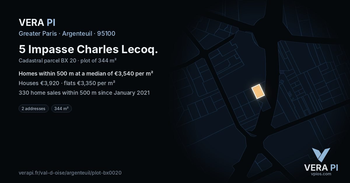 5 Impasse Charles Lecoq, Argenteuil at night – the plot lit, the parcels around coloured by the prices near them