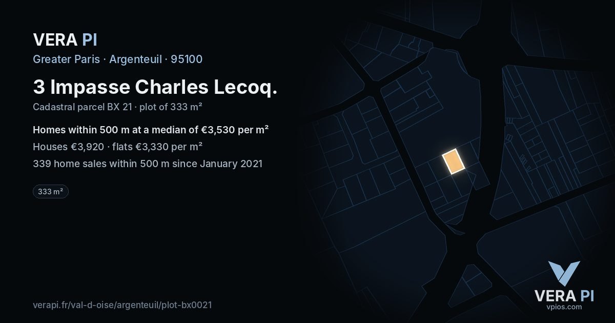 3 Impasse Charles Lecoq, Argenteuil at night – the plot lit, the parcels around coloured by the prices near them