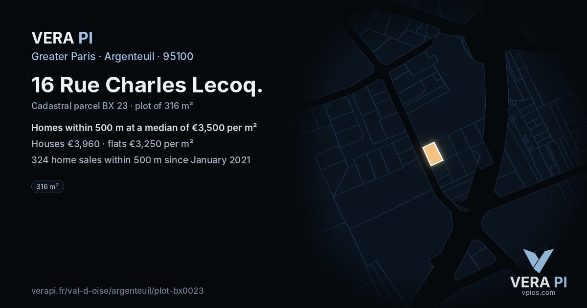 16 Rue Charles Lecoq, Argenteuil at night – the plot lit, the parcels around coloured by the prices near them