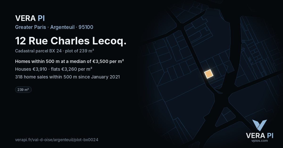 12 Rue Charles Lecoq, Argenteuil at night – the plot lit, the parcels around coloured by the prices near them