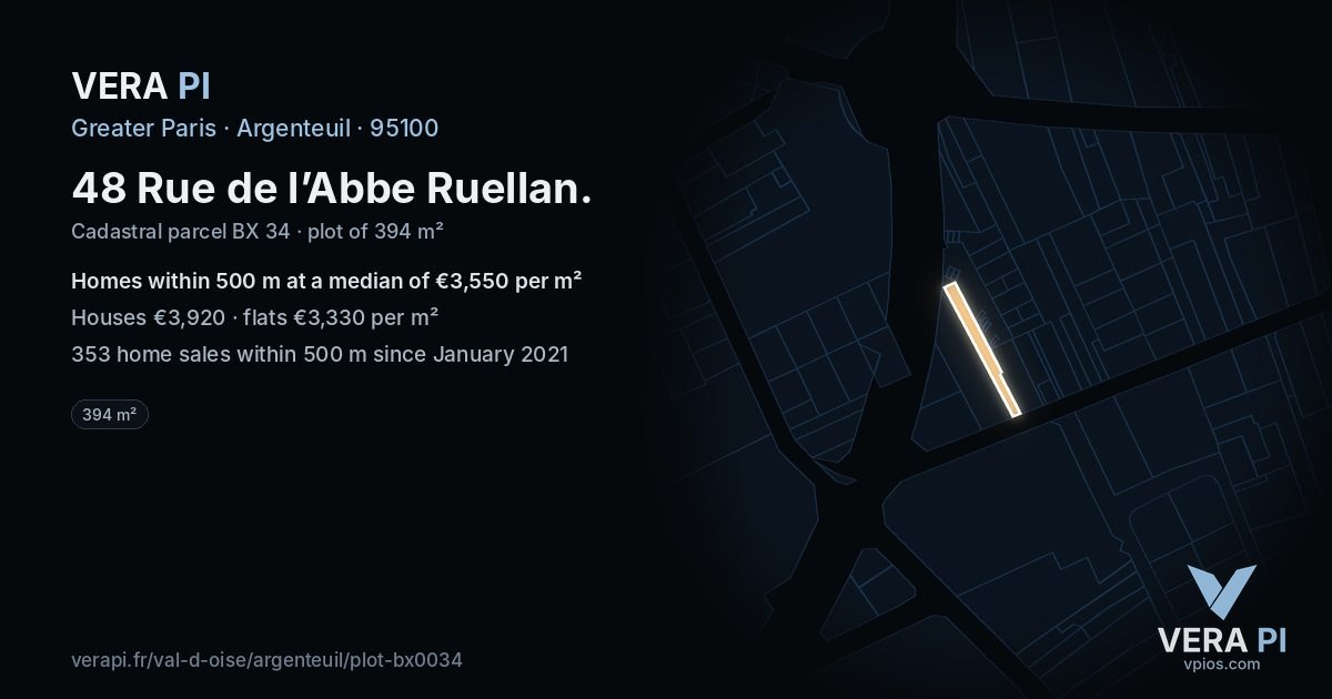 48 Rue de l’Abbe Ruellan, Argenteuil at night – the plot lit, the parcels around coloured by the prices near them