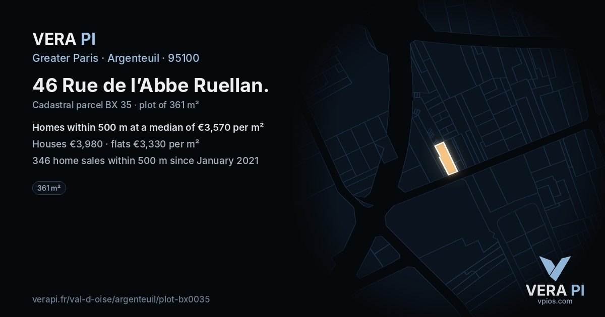 46 Rue de l’Abbe Ruellan, Argenteuil at night – the plot lit, the parcels around coloured by the prices near them