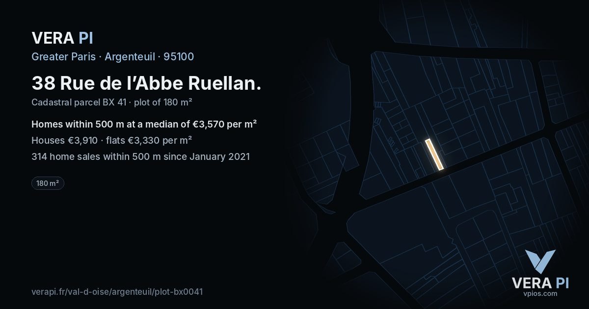 38 Rue de l’Abbe Ruellan, Argenteuil at night – the plot lit, the parcels around coloured by the prices near them