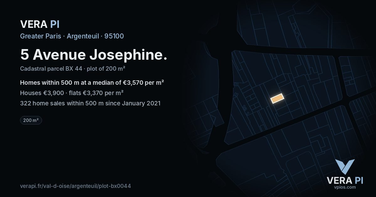 5 Avenue Josephine, Argenteuil at night – the plot lit, the parcels around coloured by the prices near them