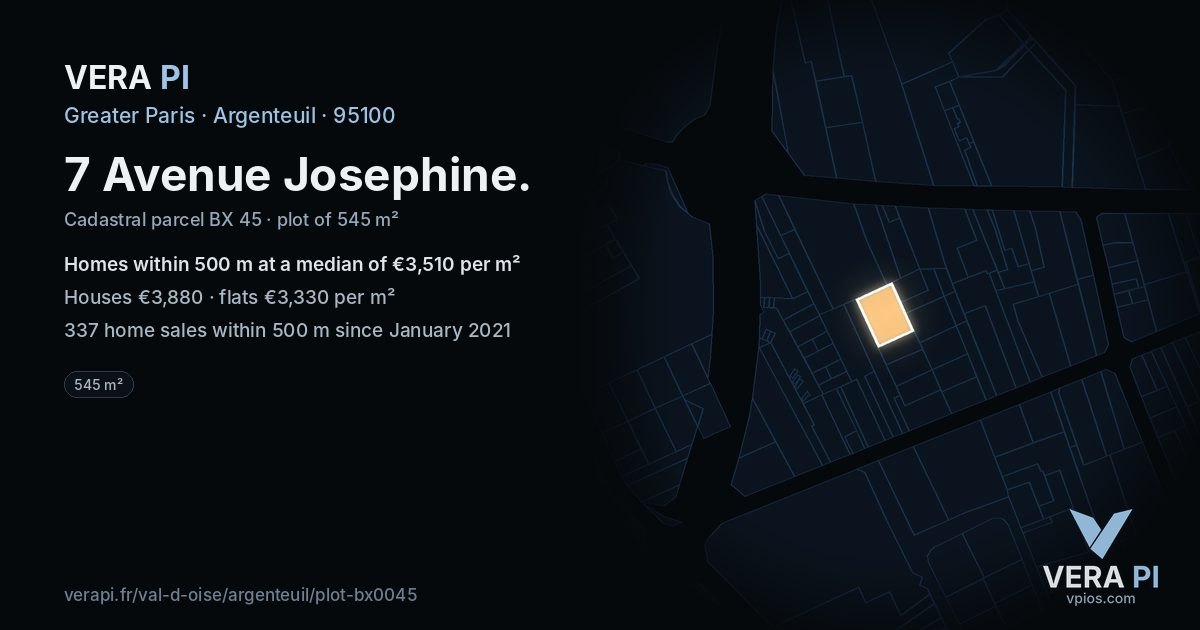 7 Avenue Josephine, Argenteuil at night – the plot lit, the parcels around coloured by the prices near them