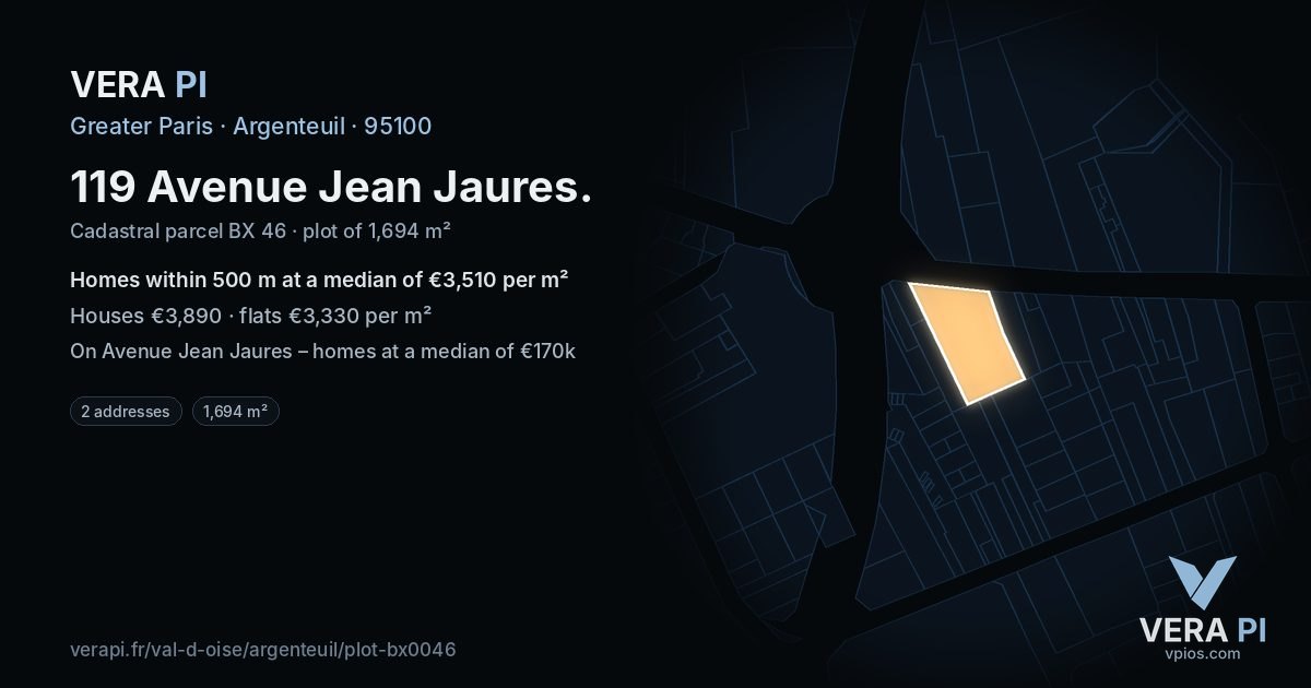 119 Avenue Jean Jaures, Argenteuil at night – the plot lit, the parcels around coloured by the prices near them