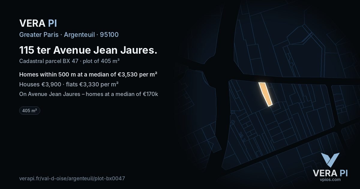 115 ter Avenue Jean Jaures, Argenteuil at night – the plot lit, the parcels around coloured by the prices near them