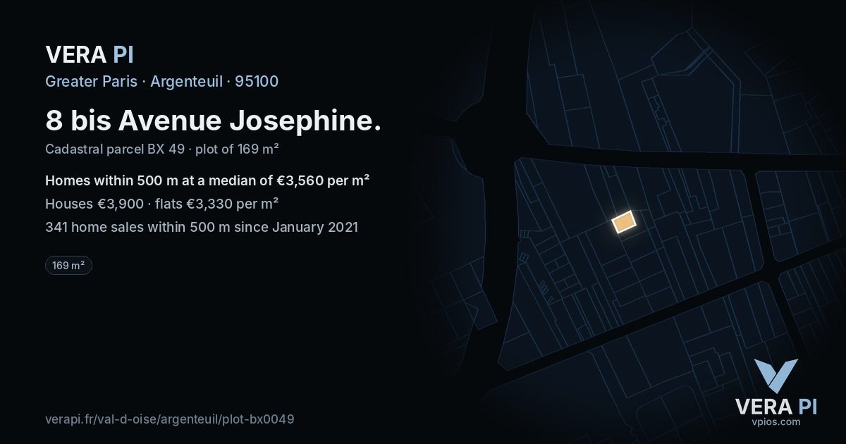8 bis Avenue Josephine, Argenteuil at night – the plot lit, the parcels around coloured by the prices near them