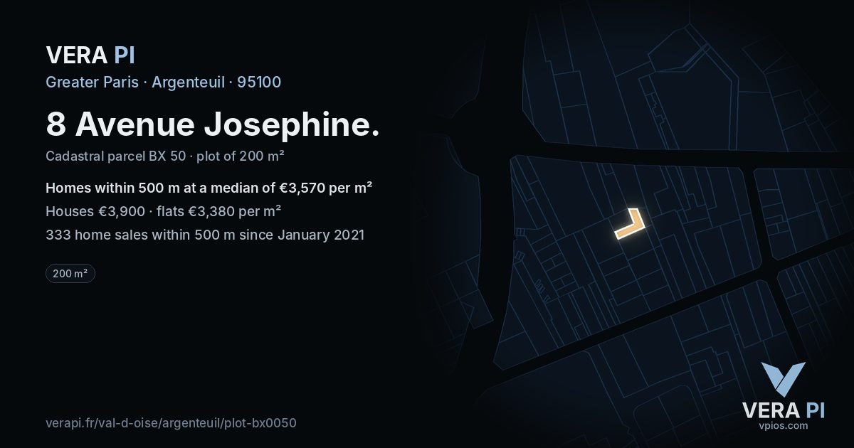 8 Avenue Josephine, Argenteuil at night – the plot lit, the parcels around coloured by the prices near them