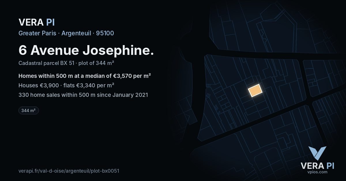 6 Avenue Josephine, Argenteuil at night – the plot lit, the parcels around coloured by the prices near them