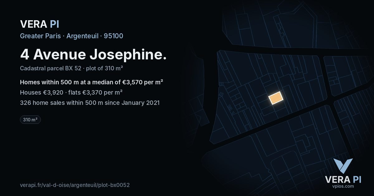 4 Avenue Josephine, Argenteuil at night – the plot lit, the parcels around coloured by the prices near them