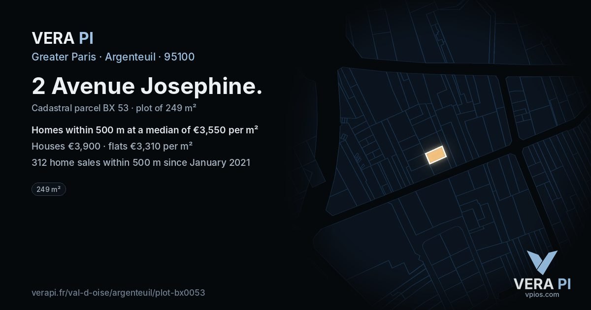2 Avenue Josephine, Argenteuil at night – the plot lit, the parcels around coloured by the prices near them