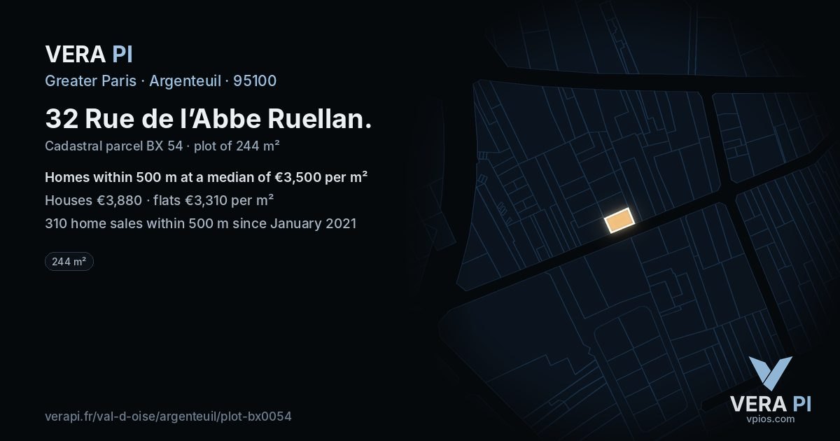 32 Rue de l’Abbe Ruellan, Argenteuil at night – the plot lit, the parcels around coloured by the prices near them