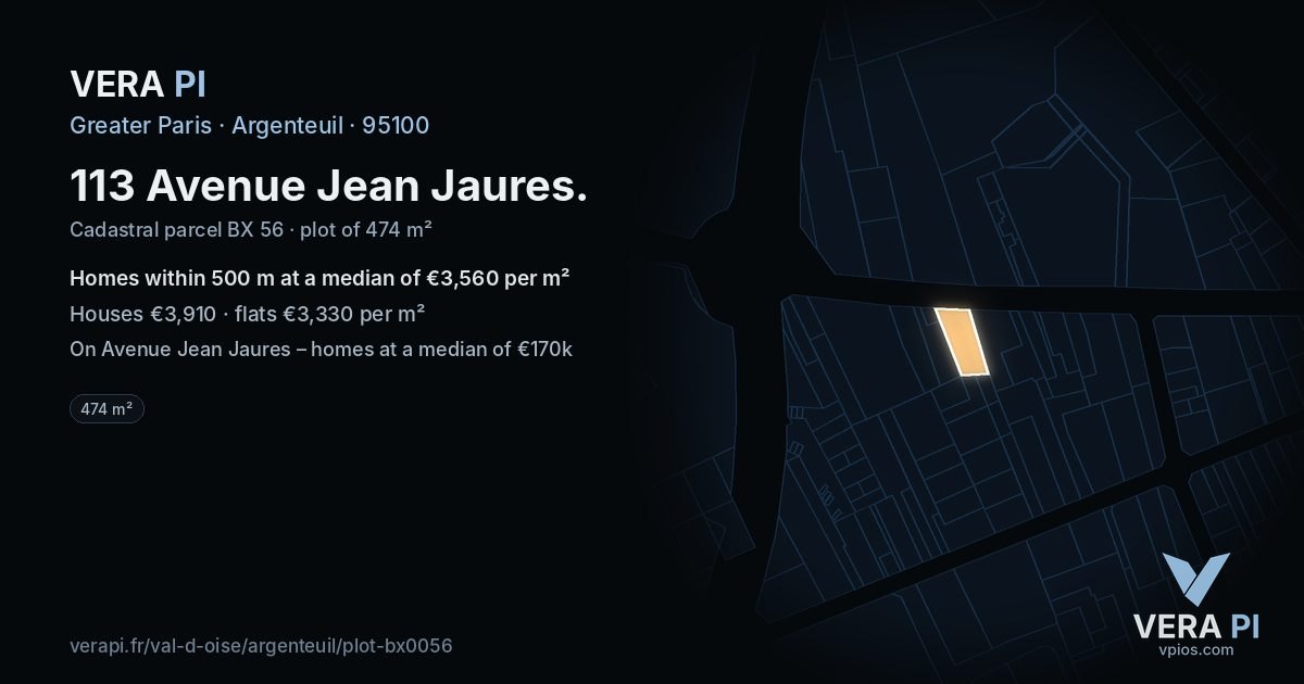 113 Avenue Jean Jaures, Argenteuil at night – the plot lit, the parcels around coloured by the prices near them