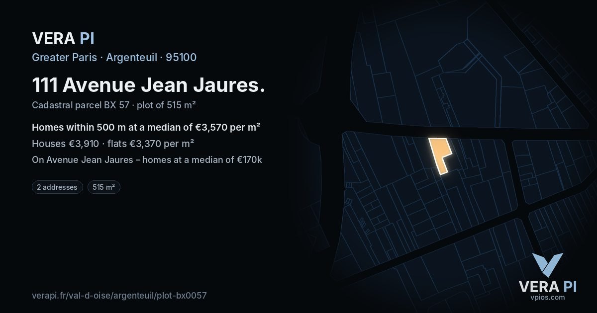 111 Avenue Jean Jaures, Argenteuil at night – the plot lit, the parcels around coloured by the prices near them