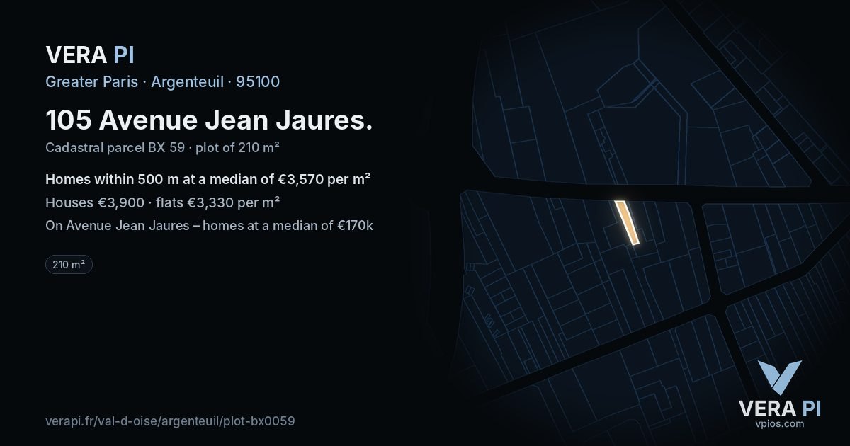 105 Avenue Jean Jaures, Argenteuil at night – the plot lit, the parcels around coloured by the prices near them
