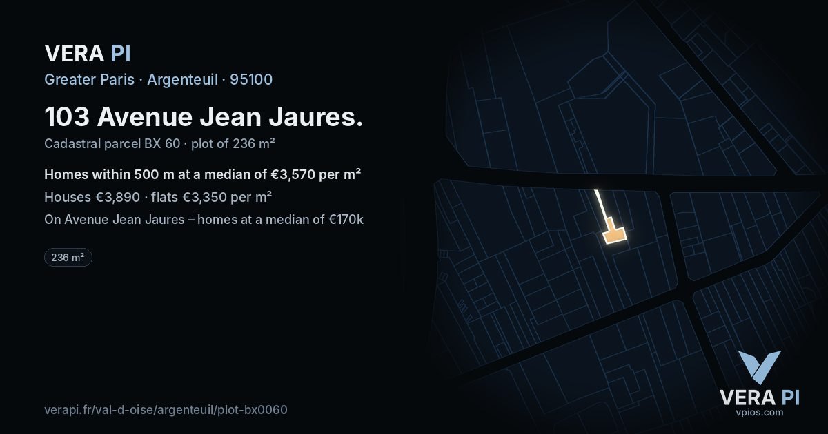 103 Avenue Jean Jaures, Argenteuil at night – the plot lit, the parcels around coloured by the prices near them