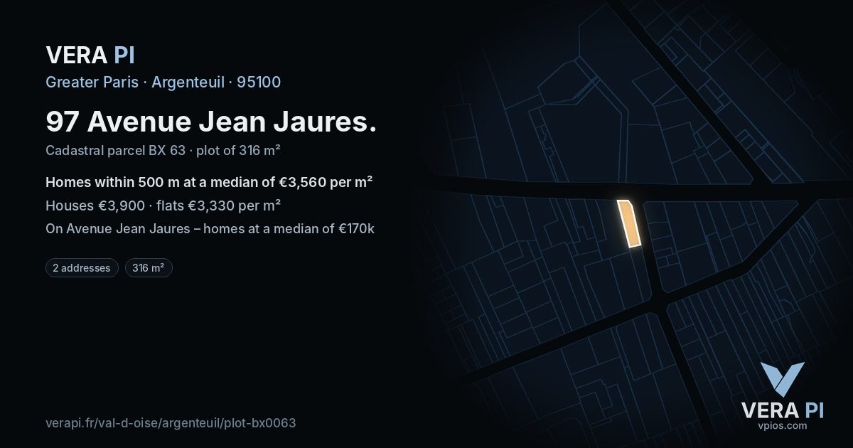 97 Avenue Jean Jaures, Argenteuil at night – the plot lit, the parcels around coloured by the prices near them