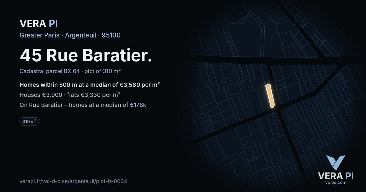 45 Rue Baratier, Argenteuil at night – the plot lit, the parcels around coloured by the prices near them
