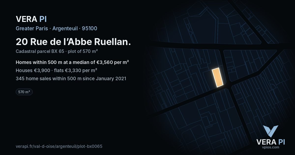 20 Rue de l’Abbe Ruellan, Argenteuil at night – the plot lit, the parcels around coloured by the prices near them