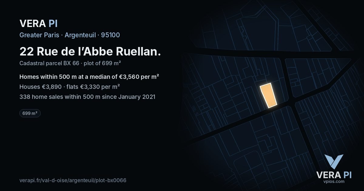 22 Rue de l’Abbe Ruellan, Argenteuil at night – the plot lit, the parcels around coloured by the prices near them