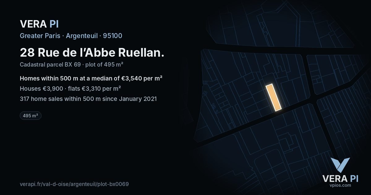28 Rue de l’Abbe Ruellan, Argenteuil at night – the plot lit, the parcels around coloured by the prices near them