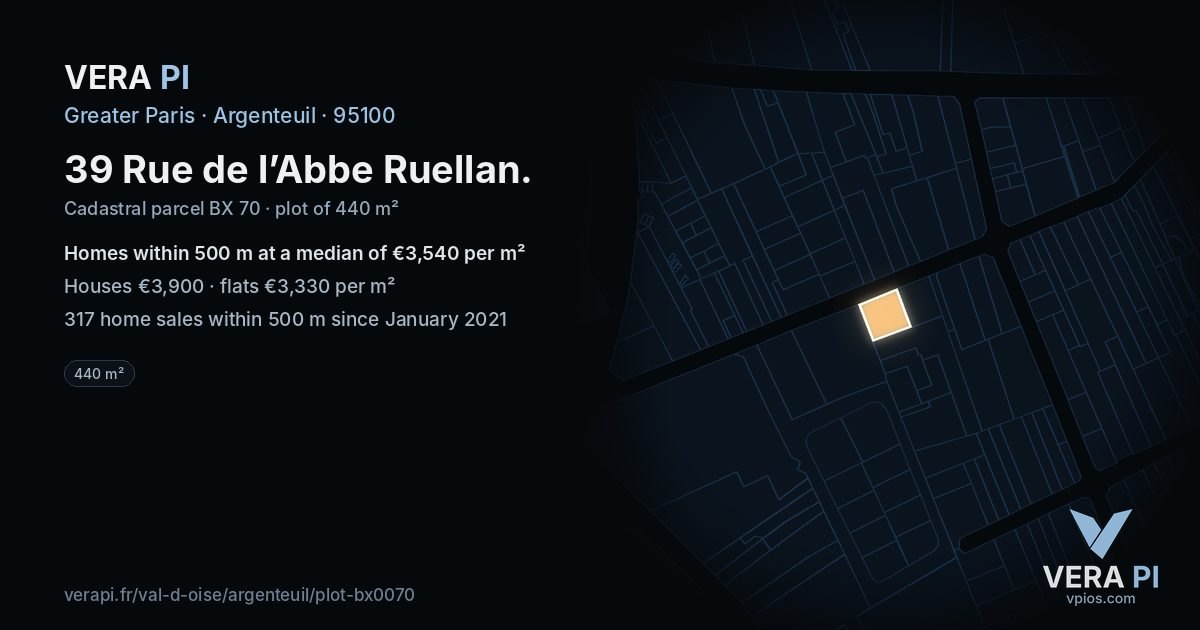 39 Rue de l’Abbe Ruellan, Argenteuil at night – the plot lit, the parcels around coloured by the prices near them
