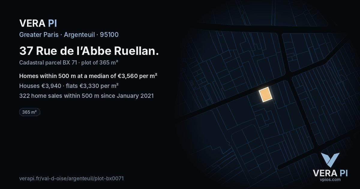 37 Rue de l’Abbe Ruellan, Argenteuil at night – the plot lit, the parcels around coloured by the prices near them