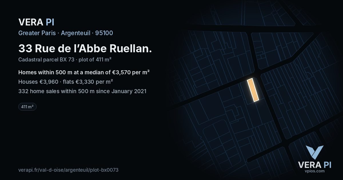 33 Rue de l’Abbe Ruellan, Argenteuil at night – the plot lit, the parcels around coloured by the prices near them
