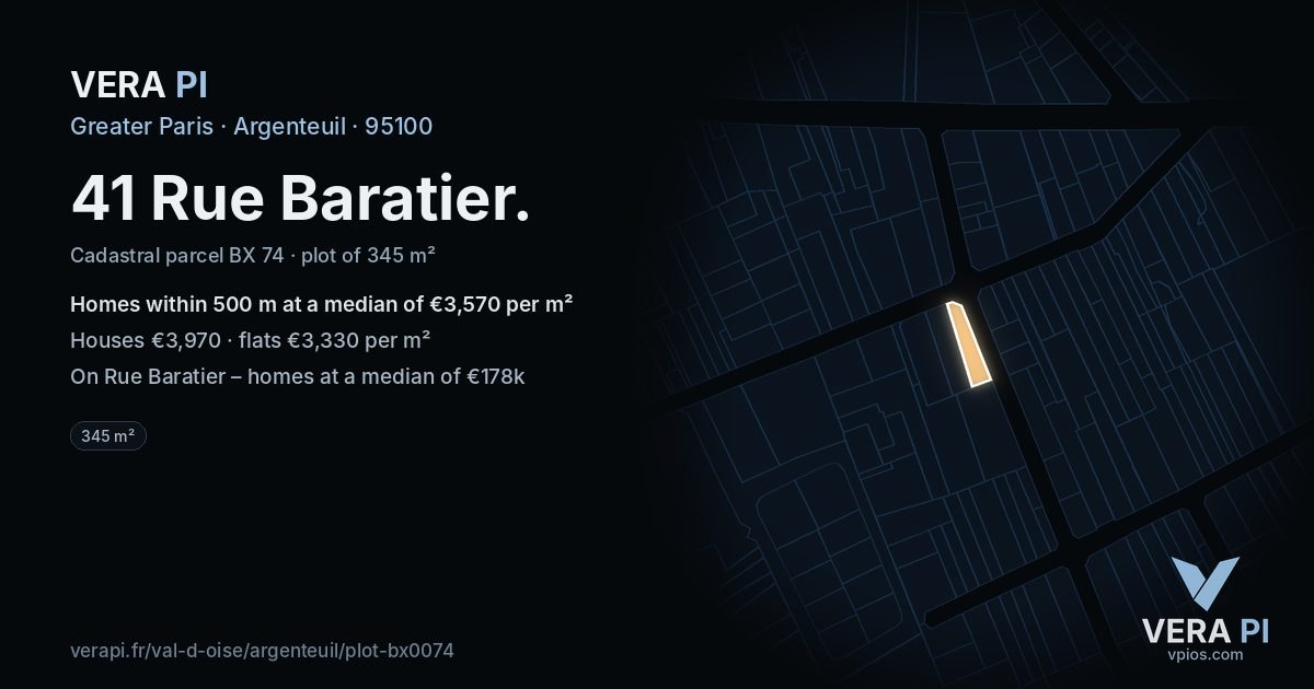 41 Rue Baratier, Argenteuil at night – the plot lit, the parcels around coloured by the prices near them