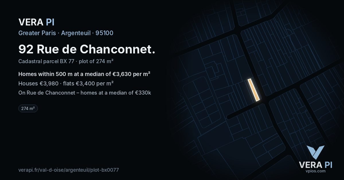 92 Rue de Chanconnet, Argenteuil at night – the plot lit, the parcels around coloured by the prices near them