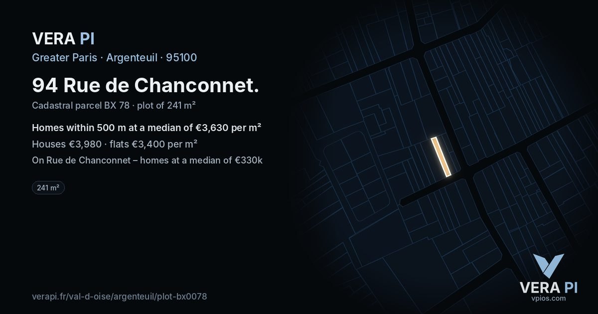94 Rue de Chanconnet, Argenteuil at night – the plot lit, the parcels around coloured by the prices near them