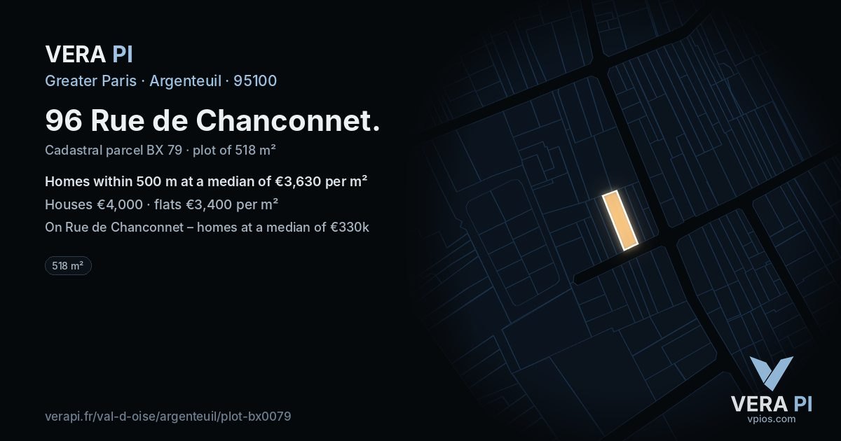 96 Rue de Chanconnet, Argenteuil at night – the plot lit, the parcels around coloured by the prices near them