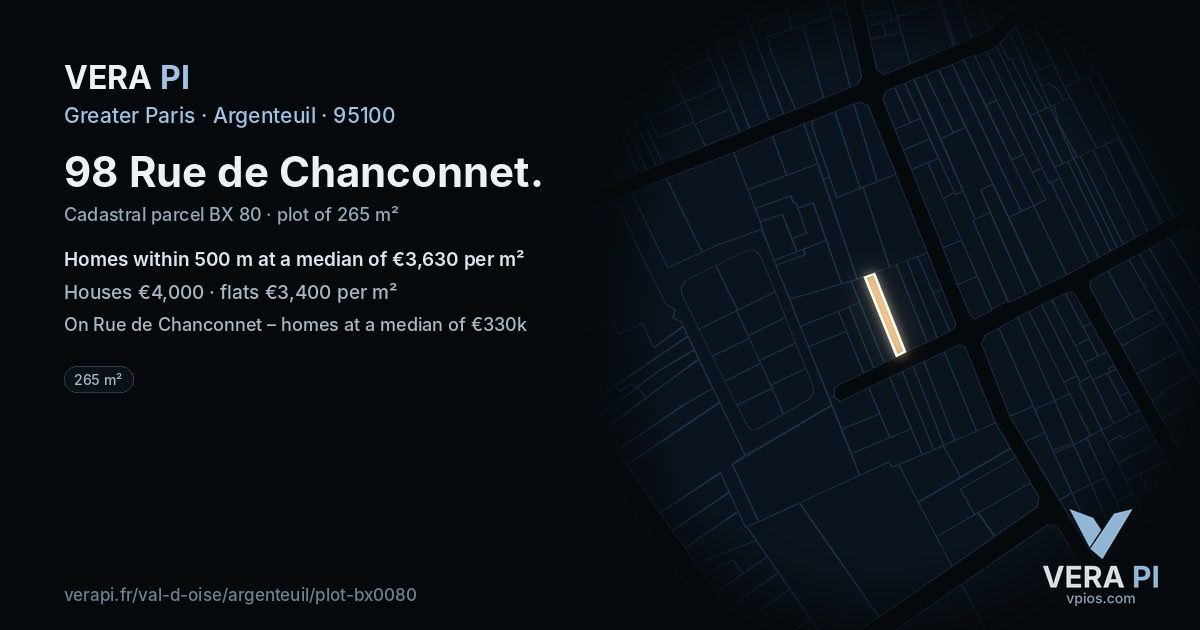 98 Rue de Chanconnet, Argenteuil at night – the plot lit, the parcels around coloured by the prices near them