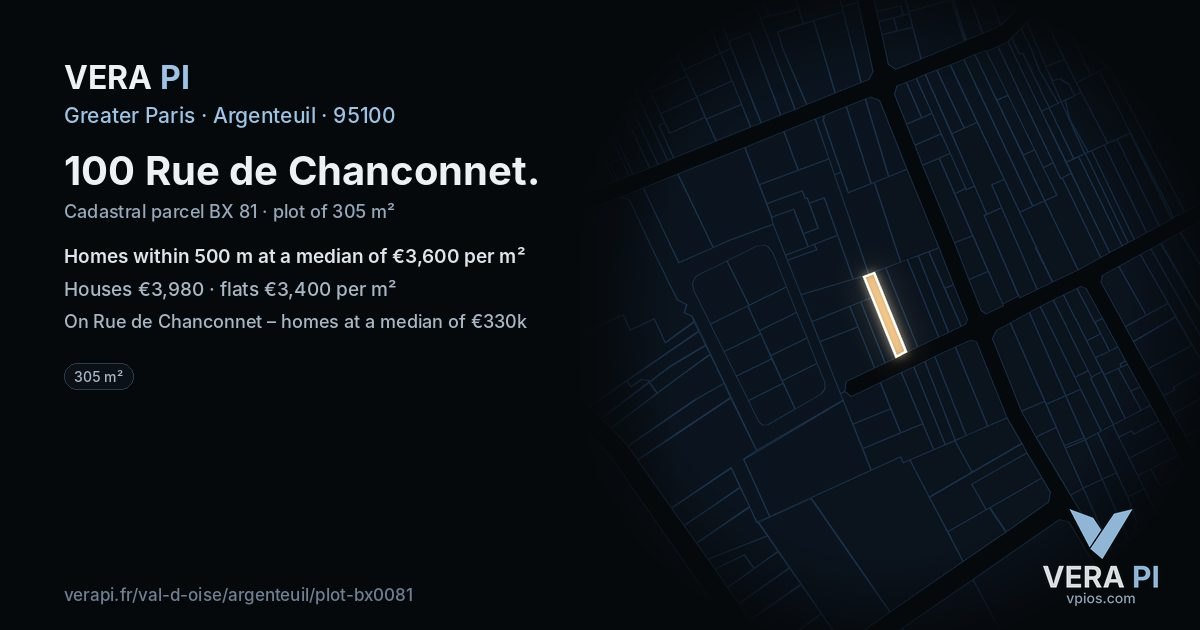 100 Rue de Chanconnet, Argenteuil at night – the plot lit, the parcels around coloured by the prices near them
