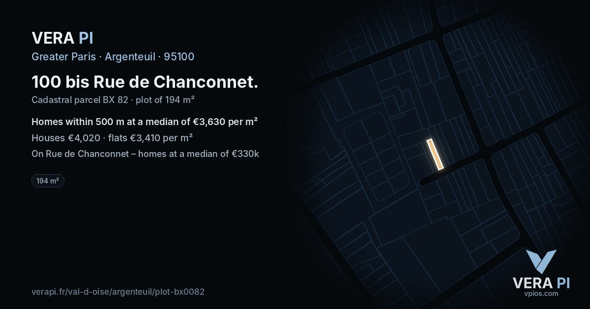 100 bis Rue de Chanconnet, Argenteuil at night – the plot lit, the parcels around coloured by the prices near them